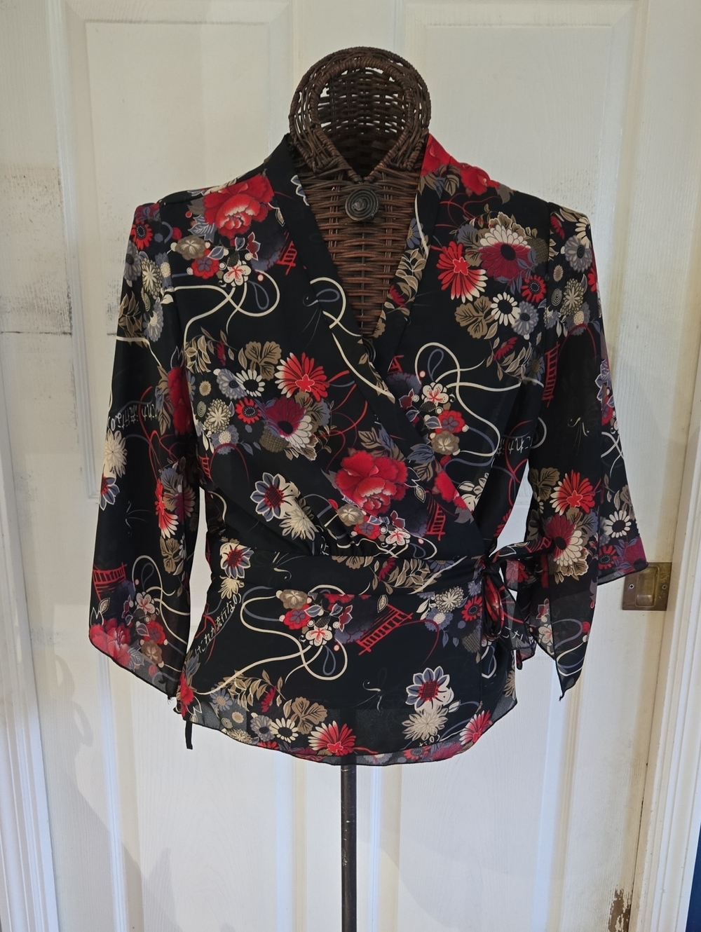 Floral Wrap Top In Black and Red Design Inspired By Japan-Size L